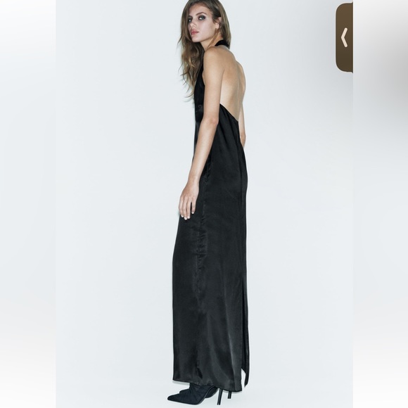 Zara Black Open back Slit Hem Halter neck Long Dress LIMITED EDITION size XS NWT - Picture 4 of 16